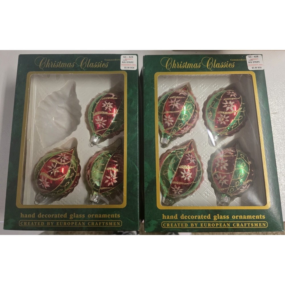 Vintage Christmas Classic Glass Ornaments Lot of 7 Red Green Gold Hand Decorated